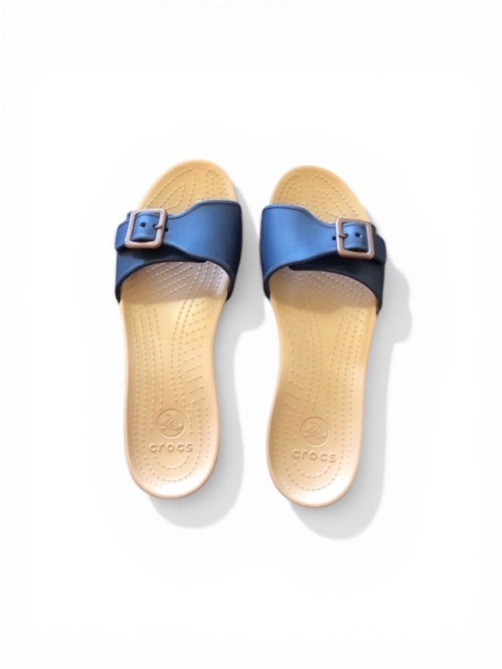 CROCS Women’s Blue Slide Sandals with Tan Footbed